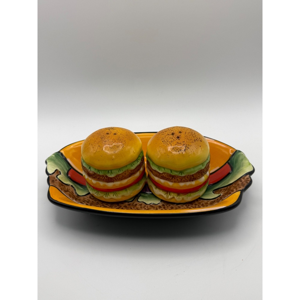 Clay Art Hamburger Salt and Pepper Shakers with Matching Tray Ceramic 3pc Set